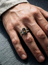 Brown Tourmaline Dravite Silver Ring shown worn on hand with oxidized sterling silver, brass accents, and earthy brown gemstone.