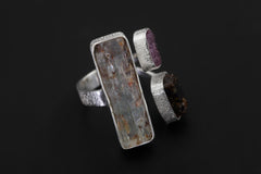 Raw Aquamarine Ruby Brown Tourmaline Ring Sterling Silver Open Band Grounding Vitality Crystal Jewelry Gift