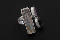 Raw Aquamarine Ruby Brown Tourmaline Ring Sterling Silver Open Band Grounding Vitality Crystal Jewelry Gift