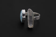 Clear Quartz Larimar Ring 925 Sterling Silver Adjustable Hammered Band Crown Throat Chakra Ocean Jewelry Gift