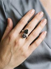 Green Tourmaline Watermelon Tourmaline adjustable ring in high-shine 925 sterling silver shown worn on the hand.