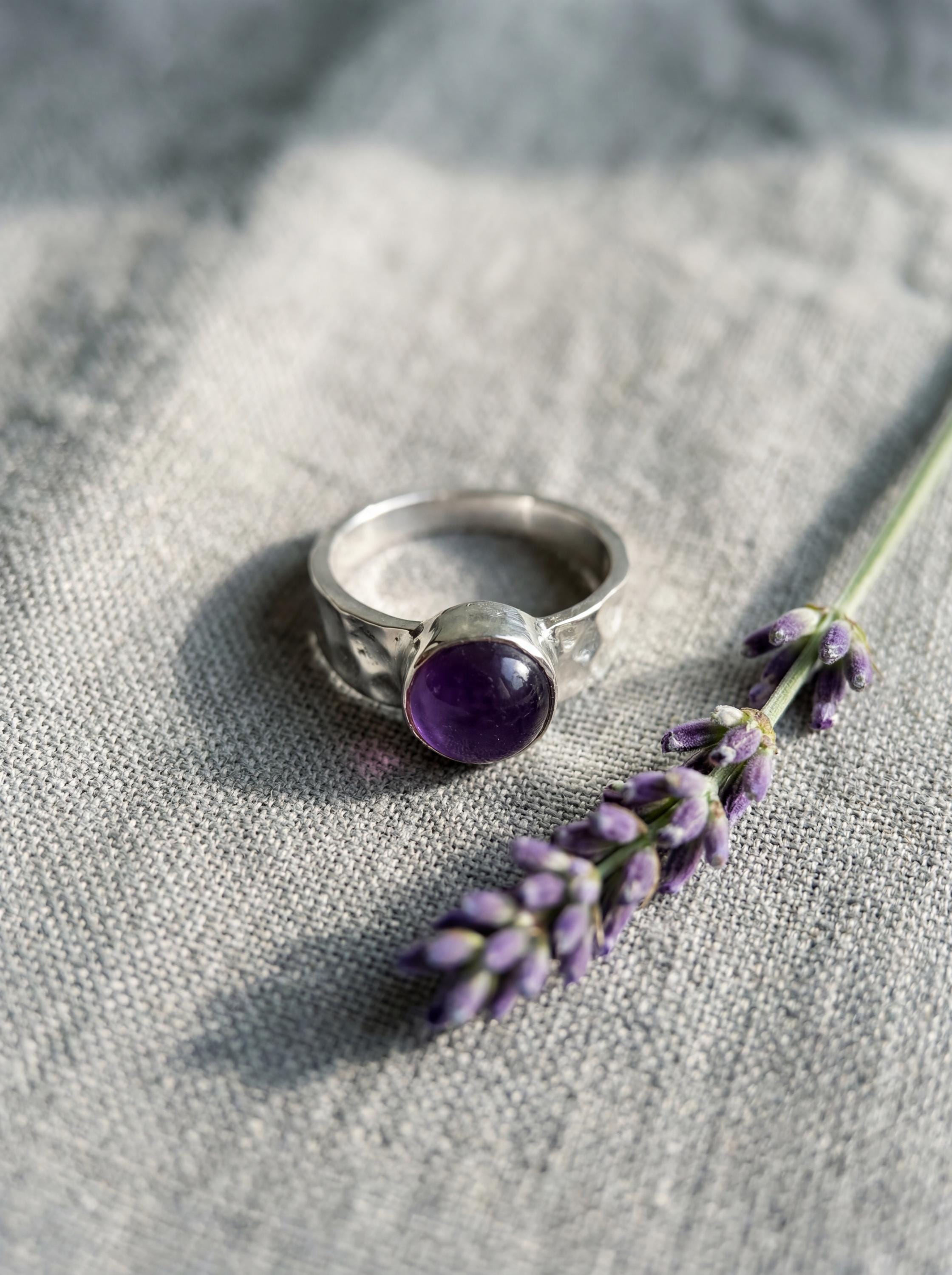 Hammered Sterling Silver Amethyst Ring: Unisex Gemstone Jewelry