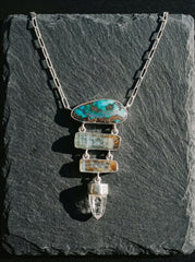 Boulder Opal Pendant: Aquamarine, Lemurian Quartz, Sterling Silver Necklace