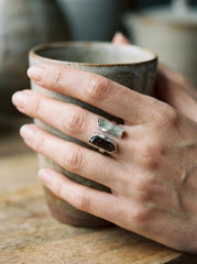 Smoky Quartz Aquamarine Dual Stone Ring, Hammered Sterling Silver Band, Adjustable Open Ring