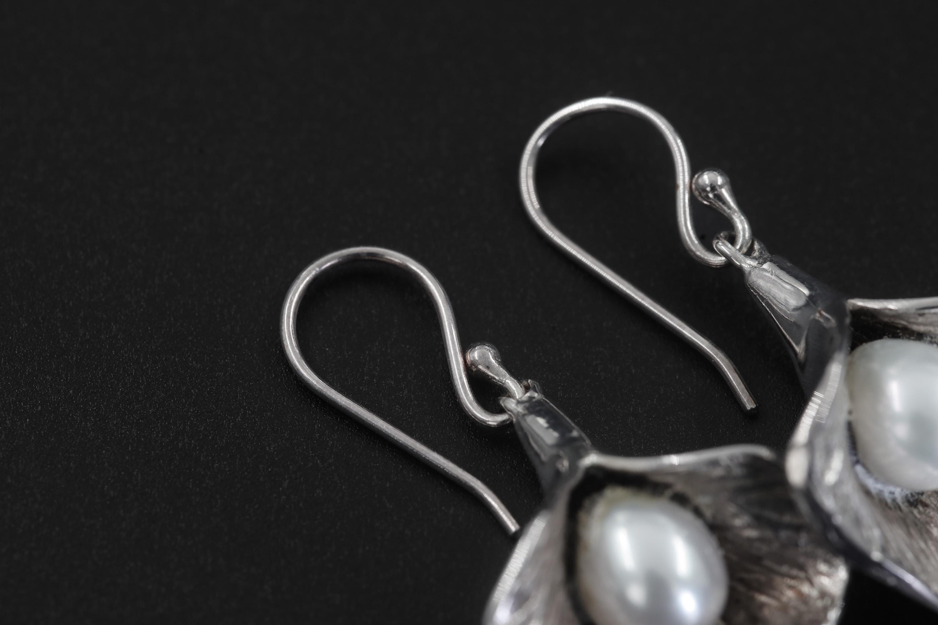 Pearl Drop Earrings 925 Sterling Silver Ocean Bloom Hook Earrings Heart Crown Chakra Cancer Pisces Gift