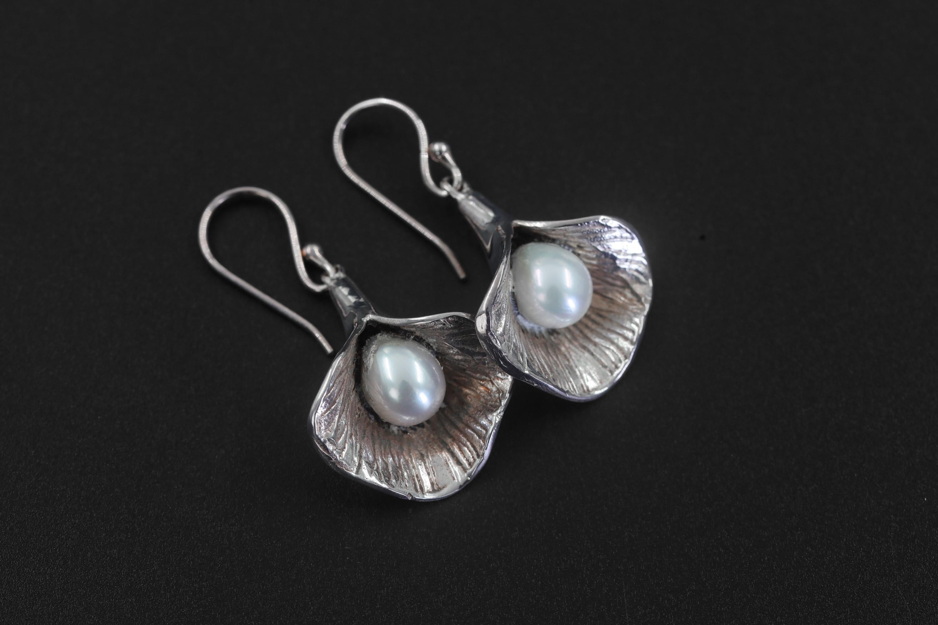 Pearl Drop Earrings 925 Sterling Silver Ocean Bloom Hook Earrings Heart Crown Chakra Cancer Pisces Gift