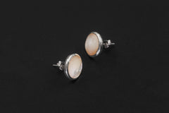 Round Mother of Pearl Earrings 925 Silver Shell Studs High Shine Bezel Set Ocean Lunar Jewelry Handmade Gift