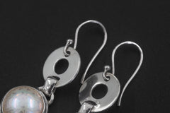 Pearl Drop Earrings 925 Sterling Silver Round Pearl Dangle Earrings High Shine Circle Link Bridal Lunar Jewelry Gift
