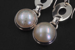 Pearl Drop Earrings 925 Sterling Silver Round Pearl Dangle Earrings High Shine Circle Link Bridal Lunar Jewelry Gift