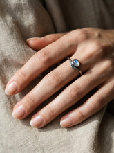 Moonstone Stack Band Ring shown worn on hand with slim sterling silver band and soft pale Moonstone accents.