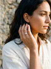 Eternal Rose Quartz Hammered Ring shown worn on hand with shiny sterling silver band and round pink gemstone.