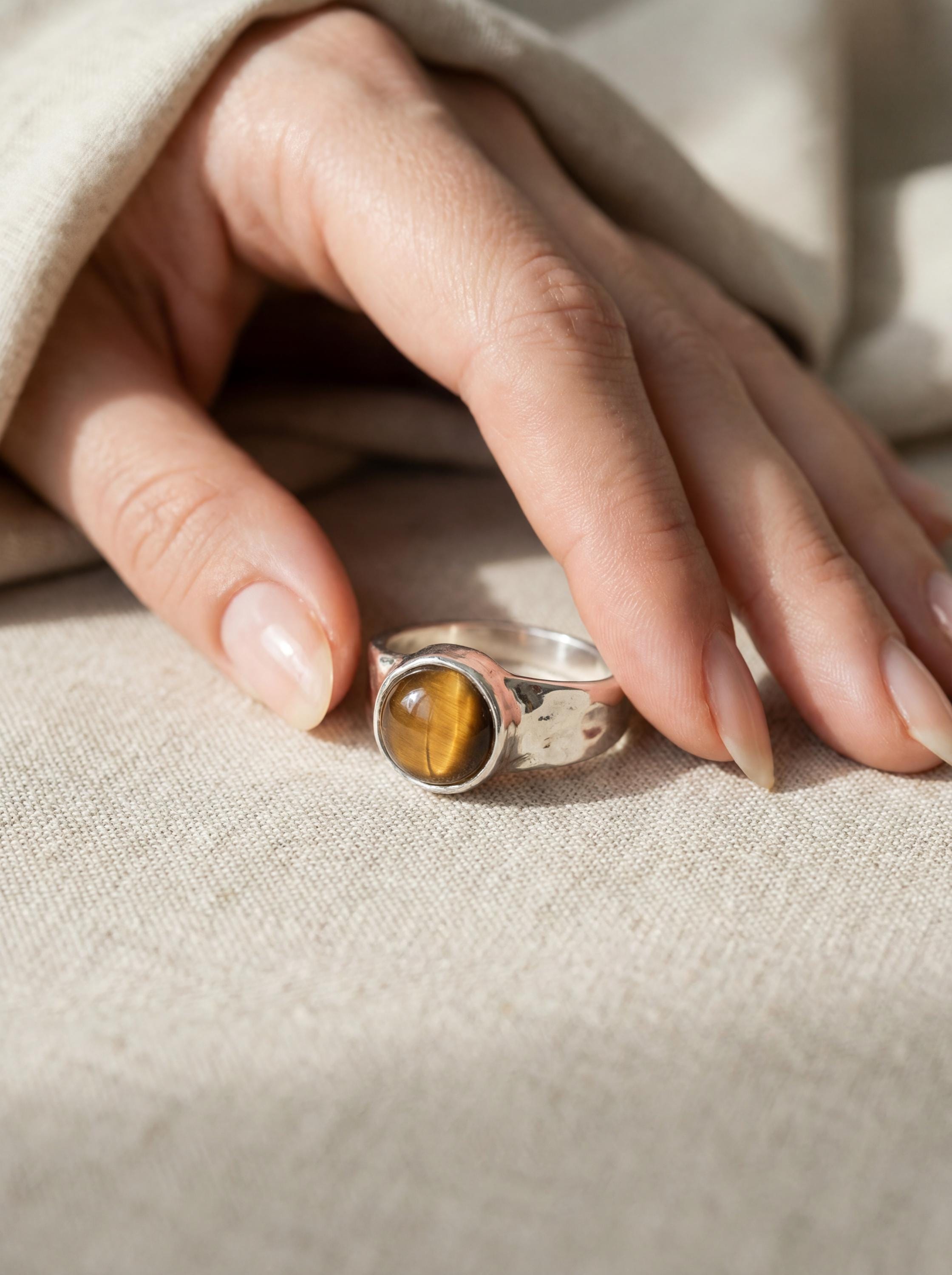 Tiger's Eye Ring: Hammered Sterling Silver Band, Unisex Design