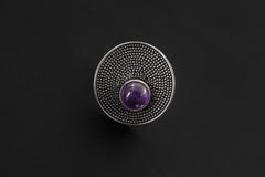 Adjustable Amethyst Ring 925 Sterling Silver Solar Disc Ring Violet Cabochon Crown Chakra Statement Jewelry Gift