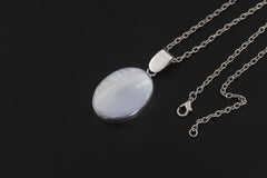 Mother of Pearl sterling silver pendant displayed on dark background with oval shell cabochon and chain.