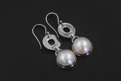 Pearl Drop Earrings 925 Sterling Silver Round Pearl Dangle Earrings High Shine Circle Link Bridal Lunar Jewelry Gift
