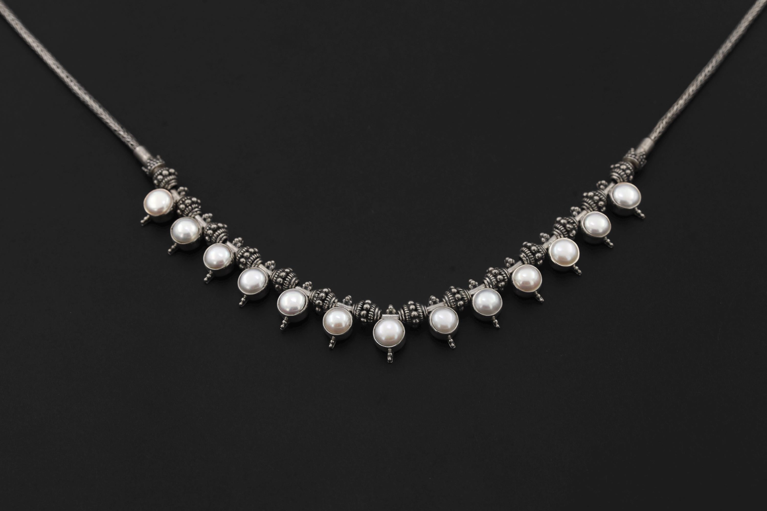 Pearl Beaded Necklace 925 Sterling Silver Balinese Beadwork Snake Chain Heart Crown Chakra Jewelry Gift
