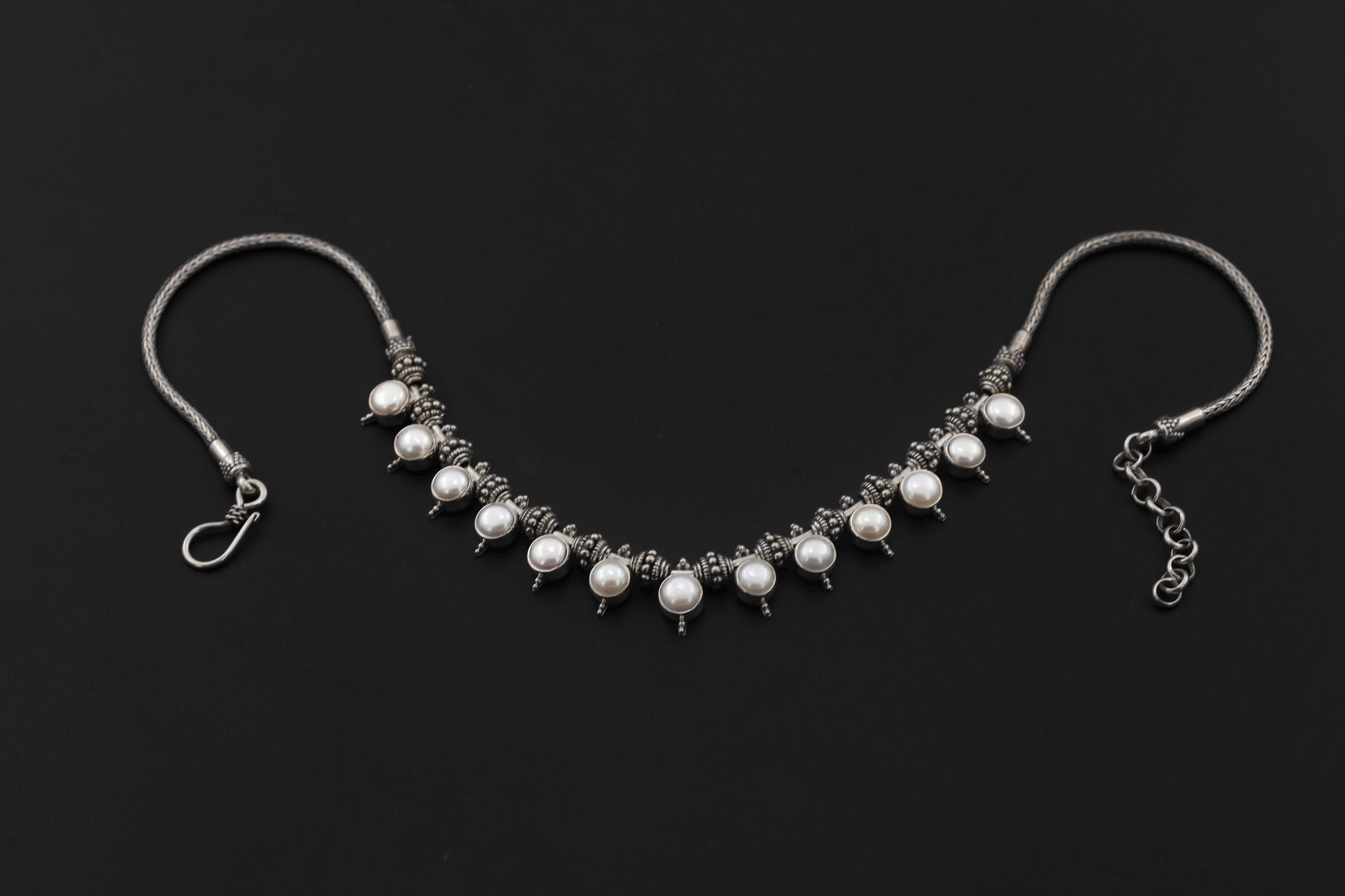Pearl Beaded Necklace 925 Sterling Silver Balinese Beadwork Snake Chain Heart Crown Chakra Jewelry Gift