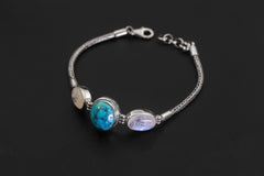 Turquoise Moonstone Silver Bracelet, Snake Chain Bracelet, 925 Sterling Silver, Oval Turquoise Center, Moonstone Bracelet, Healing Jewelry