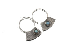 Oxidized Sterling Silver Hoop Earrings with Blue Flash Labradorite – Textured Boho Statement Jewelry