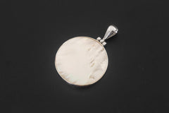 Round Mother of Pearl Necklace 925 Silver Shell Disc Pendant High Shine Bezel Ocean Lunar Jewelry Handmade Gift