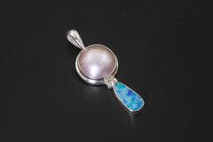 Blue Opal Pearl Pendant 925 Silver Ocean Talisman Teardrop Necklace High Shine Bezel Set Handmade Crystal Gift Jewelry