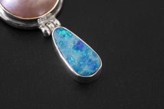 Blue Opal Pearl Pendant 925 Silver Ocean Talisman Teardrop Necklace High Shine Bezel Set Handmade Crystal Gift Jewelry