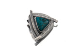 Chrysocolla triangle pendant shown on white background with oxidized sterling silver and hammered sun-ray detail.