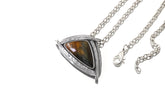 Tiger Eye triangle pendant shown with sterling silver chain and oxidized sun-ray silver setting.