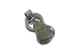 Cat Eye Moonstone Moss Agate heirloom pendant shown on white background with oxidized sterling silver claw setting.