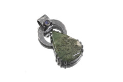 Moss Agate & Cat Eye Moonstone - Oxidised Hammered Sterling Silver - Claw Set Pendant