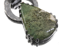 Moss Agate & Cat Eye Moonstone - Oxidised Hammered Sterling Silver - Claw Set Pendant