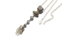 Ethiopian Opal Labradorite Blue Moonstone Clear Quartz pendant shown on a white background with long celestial layout.