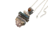 Amethyst Labradorite Opal Lemurian Quartz pendant shown with chain on white background in oxidized sterling silver.