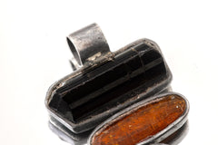Triple Stone Pendant 925 Silver Black Tourmaline Red Kyanite Oxidized Brushed Necklace Talisman