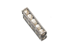 Pearl Cube Cage Pendant shown on a white background, with hammered oxidized silver and natural Pearls inside the open frame.