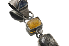 Oxidized Sterling Silver Pendant: Sapphire, Amber, Black Rutile Gemstones