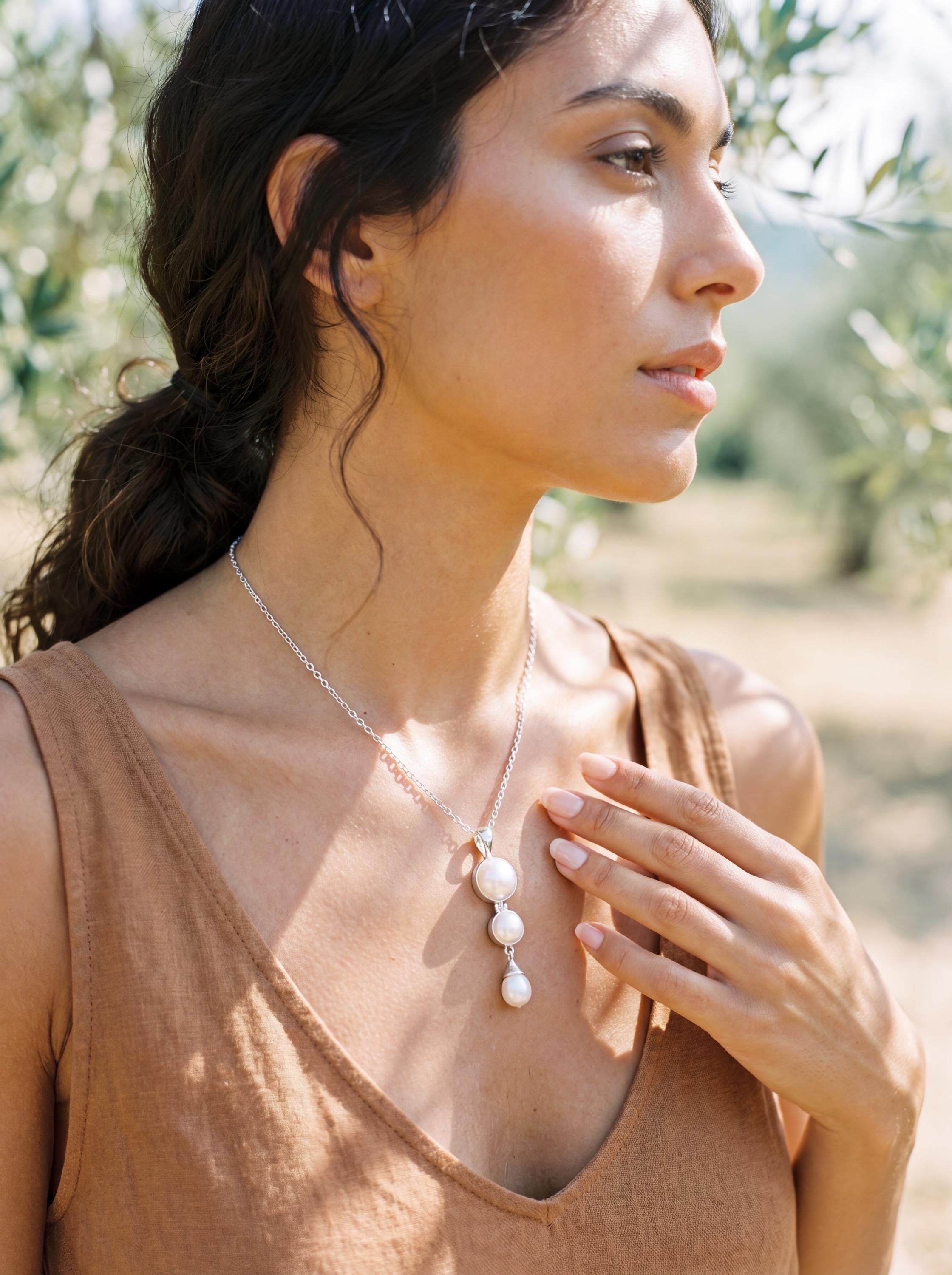 Triple Pearl sterling silver pendant shown worn on model with luminous vertical cascade design.