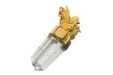 Rooster Clear Quartz talisman pendant shown on a white background with gold-toned metalwork and clear crystal point.