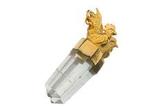 Rooster Clear Quartz talisman pendant shown on a white background with gold-toned metalwork and clear crystal point.