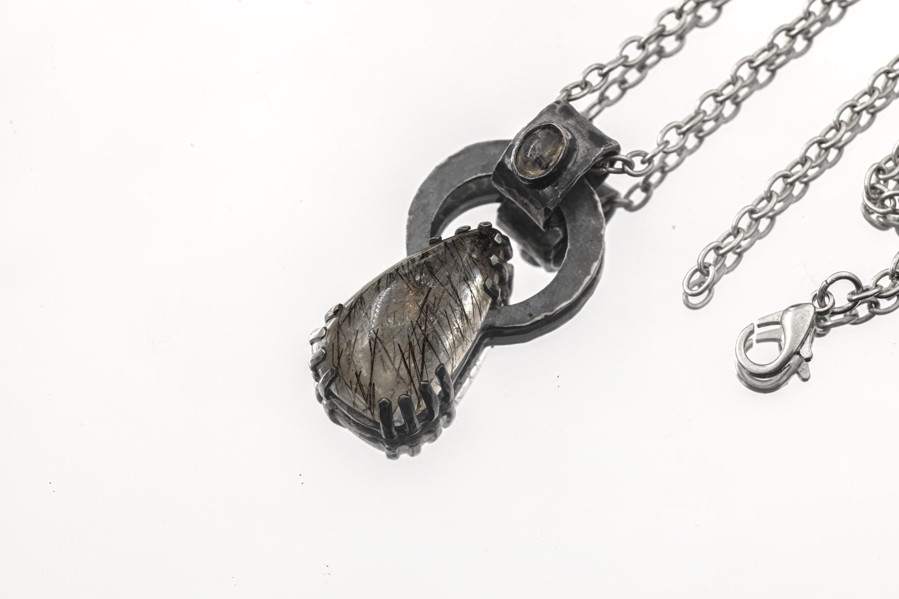 Black Rutile Quartz and Blue Moonstone - Oxidised Hammered Sterling Silver - Claw Set Pendant
