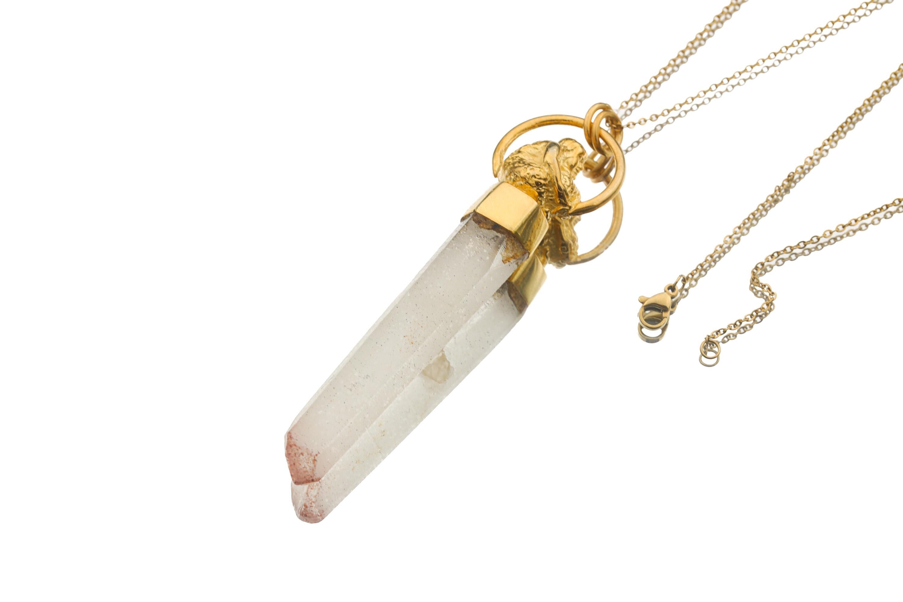 Natural Strawberry Quartz Point - Gold Plated Sterling Silver set - Big Round Buddha - Crystal Pendant