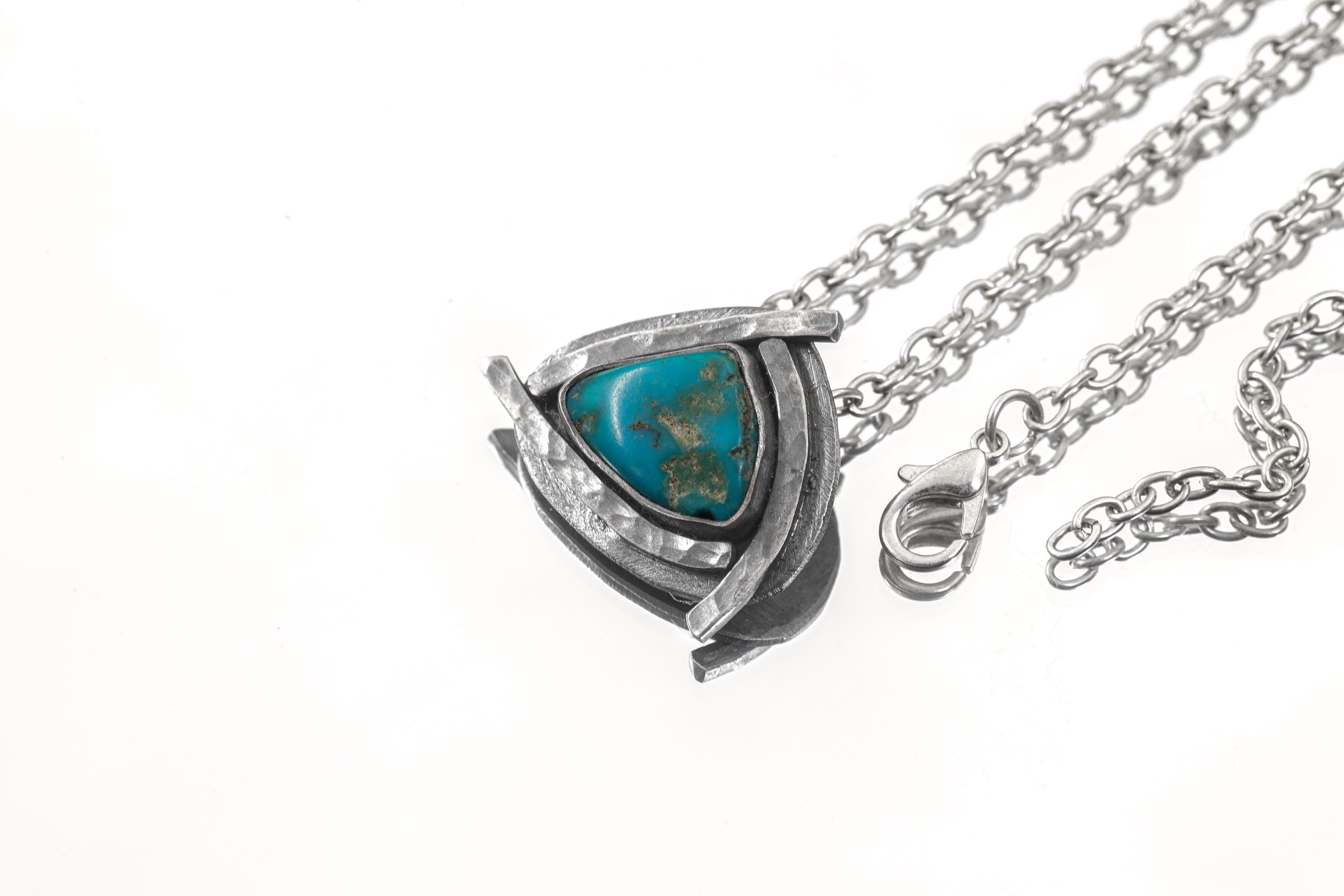 Sleeping Beauty Turquoise Triangle Pendant: Oxidized Sterling Silver, Handmade