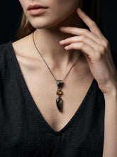 Oxidized Sterling Silver Pendant: Sapphire, Amber, Black Rutile Gemstones
