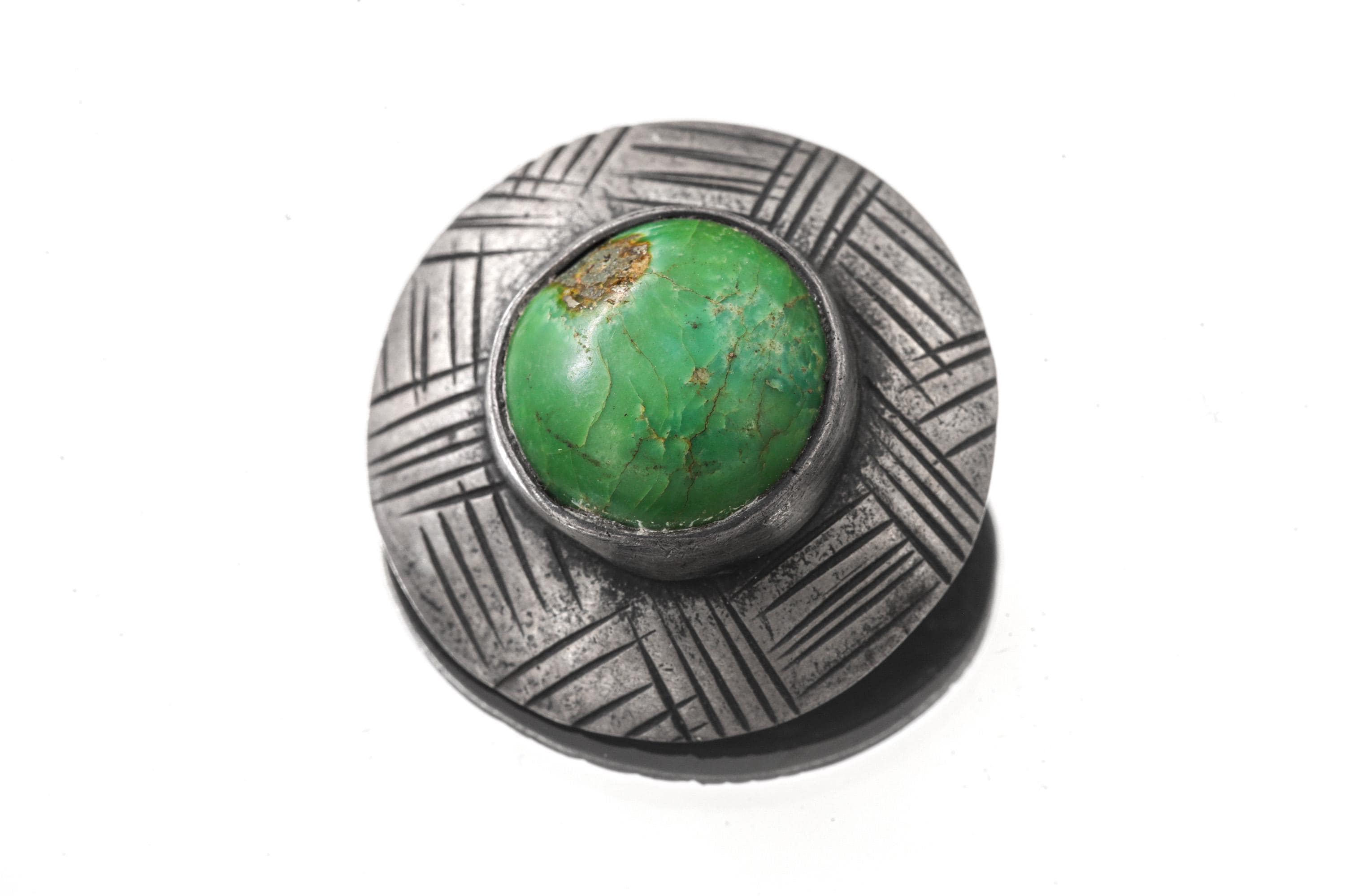 Green Turquoise Shield Pendant: Oxidized Sterling Silver, Handmade