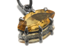 Faceted Marquise Citrine Pendant, 925 Sterling Silver Sand Texture Claw Set Talisman, Solar Plexus Gemstone, Oxidized Gift