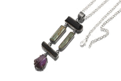 Raw Black Tourmaline Aquamarine Amethyst Sterling Silver Pendant
