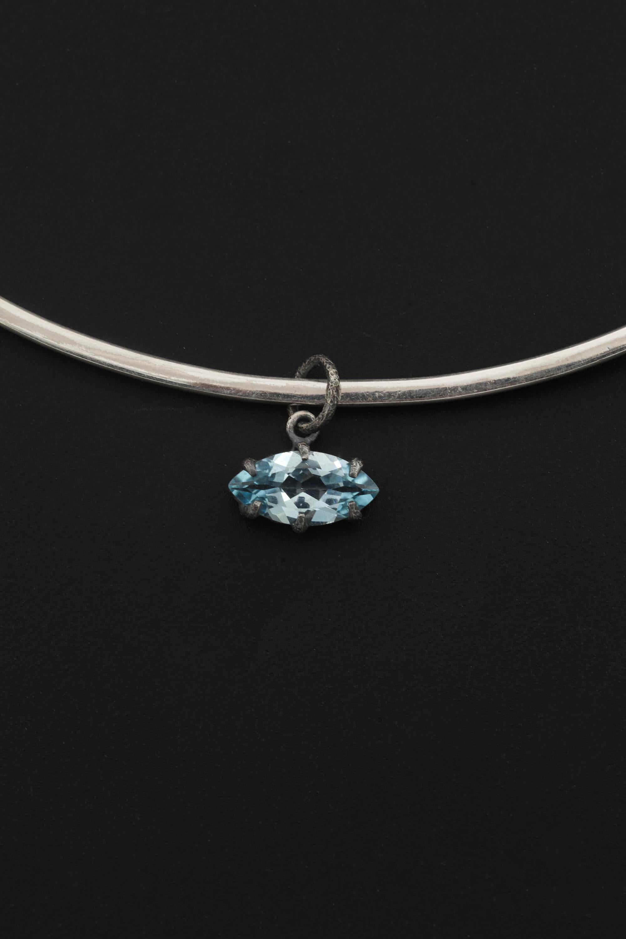 Claw Set Blue Topaz Eye Pendant 925 Sterling Silver Marquise Faceted Necklace Oxidized Sand Texture Throat Chakra December Birthstone Gift