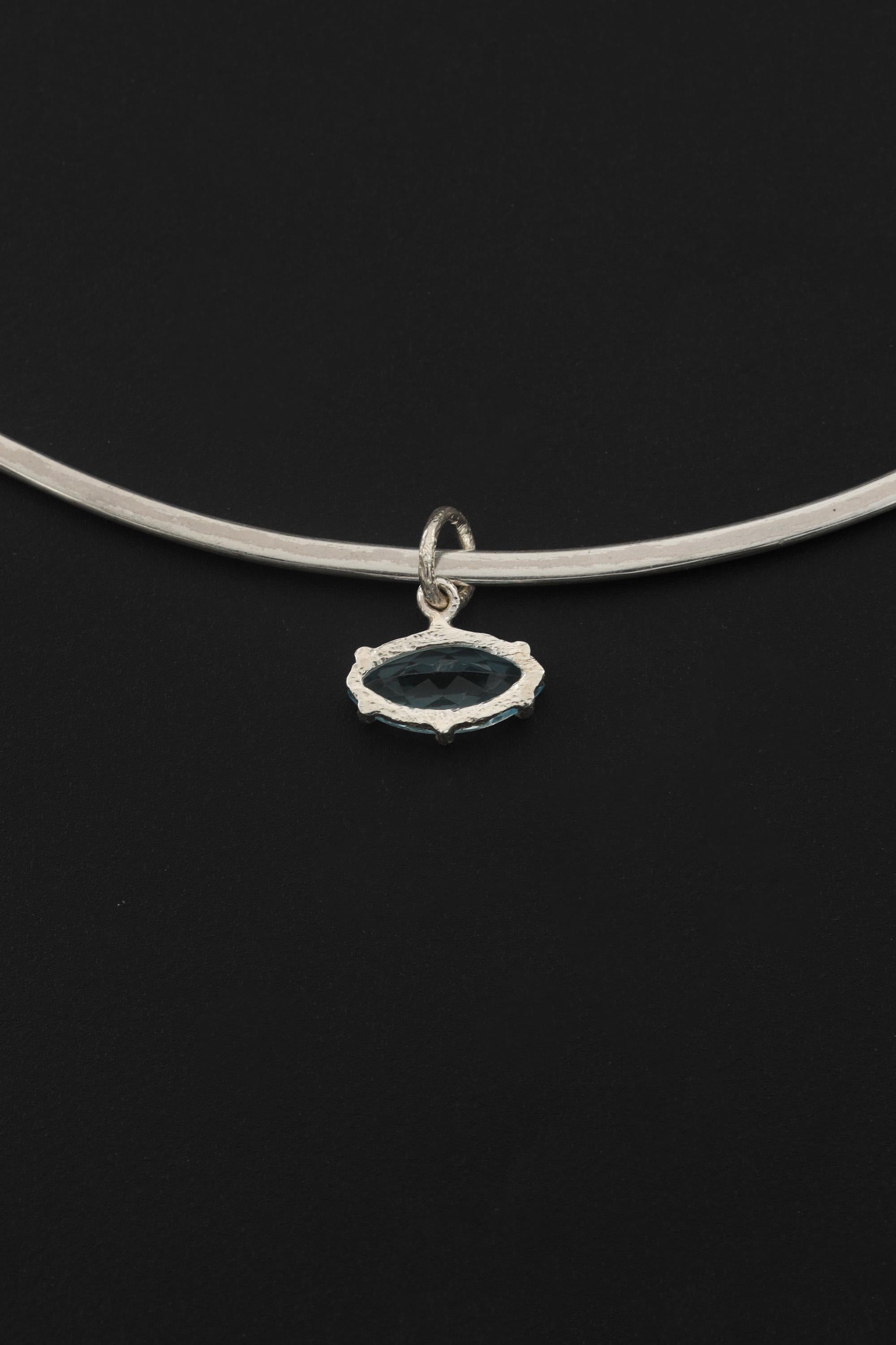 Blue Topaz Eye Pendant 925 Silver Marquise Faceted Claw Set Necklace Shiny Sand Texture Sky Blue Gemstone Throat Chakra Jewelry