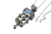 Ocean’s Symphony pendant shown on a white background with Australian Boulder Opal, Labradorite, Royston Turquoise, Ethiopian Opal, and oxidized silver.