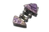Charoite Black Tourmaline heirloom pendant shown on a white background with mirrored purple stones and sterling silver setting.